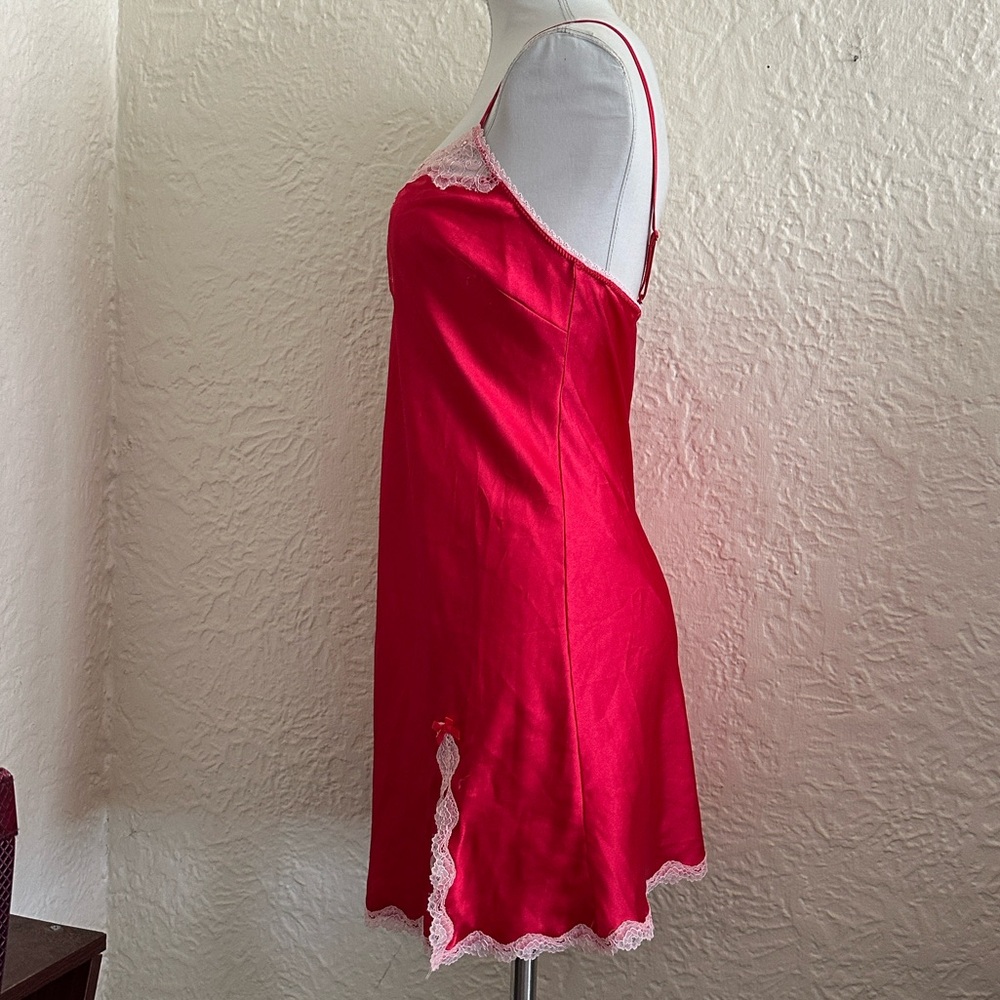 Victoria’s Secret Red Satin Lace Trim Pink Crystal Accents Slip Medium - Picture 6 of 9
